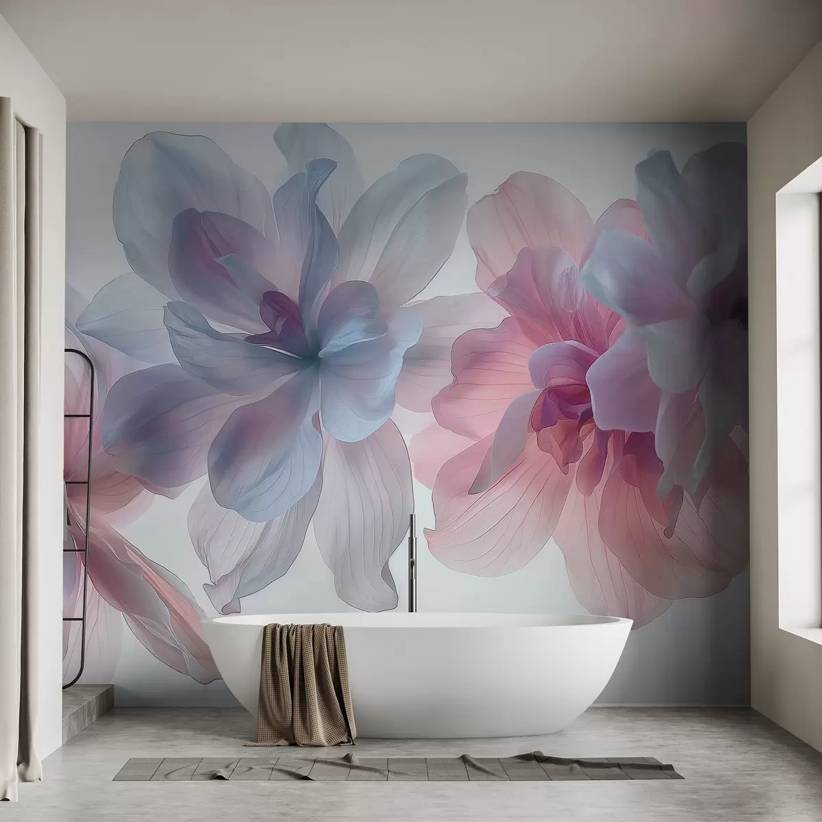 fototapet flori pastelate hiper-realiste care plutesc în spațiul alb, petale delicate, iluminare eterică, lucrări de artă botanică detaliate, w03946