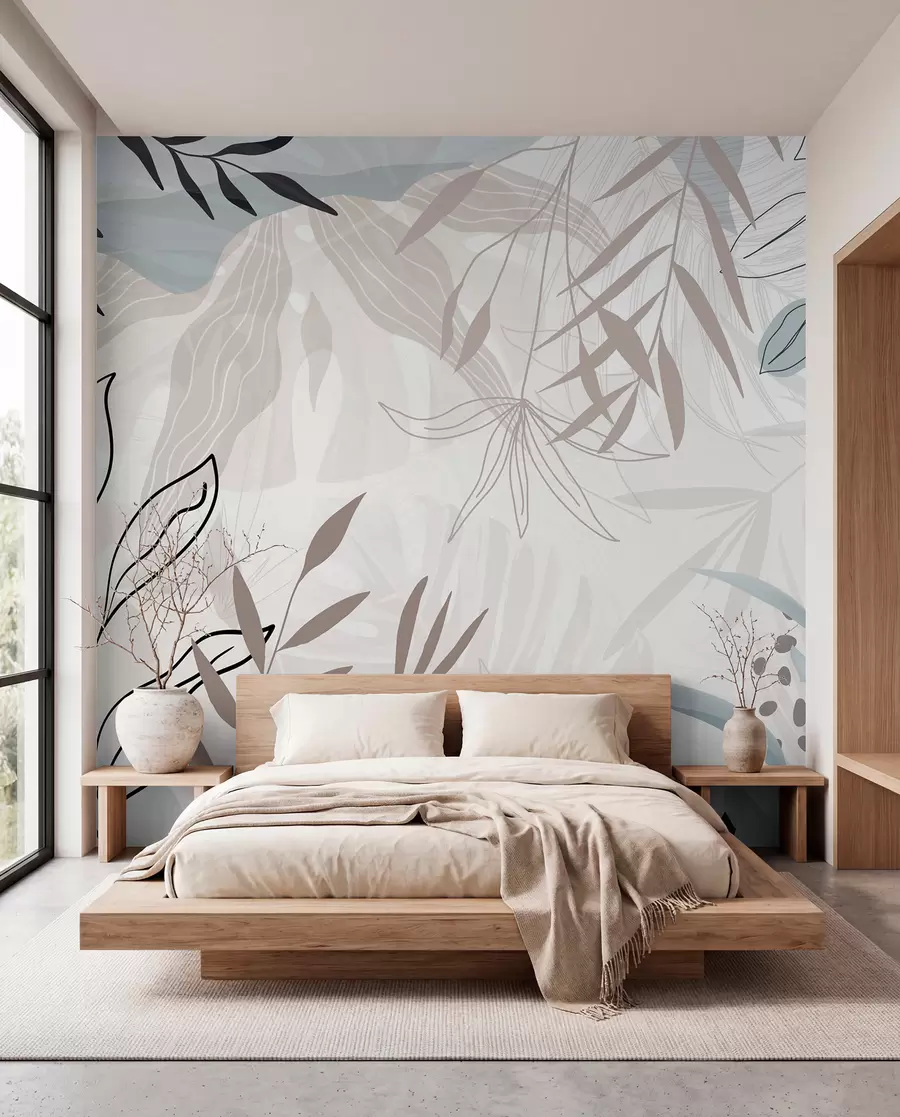 fototapet Design abstract floral modern cu frunze pastel bej, gri, albastru și negru, artă delicată de linii și fundal moale w09105