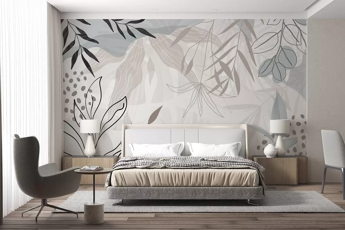 fototapet Design abstract floral modern cu frunze pastel bej, gri, albastru și negru, artă delicată de linii și fundal moale w09105