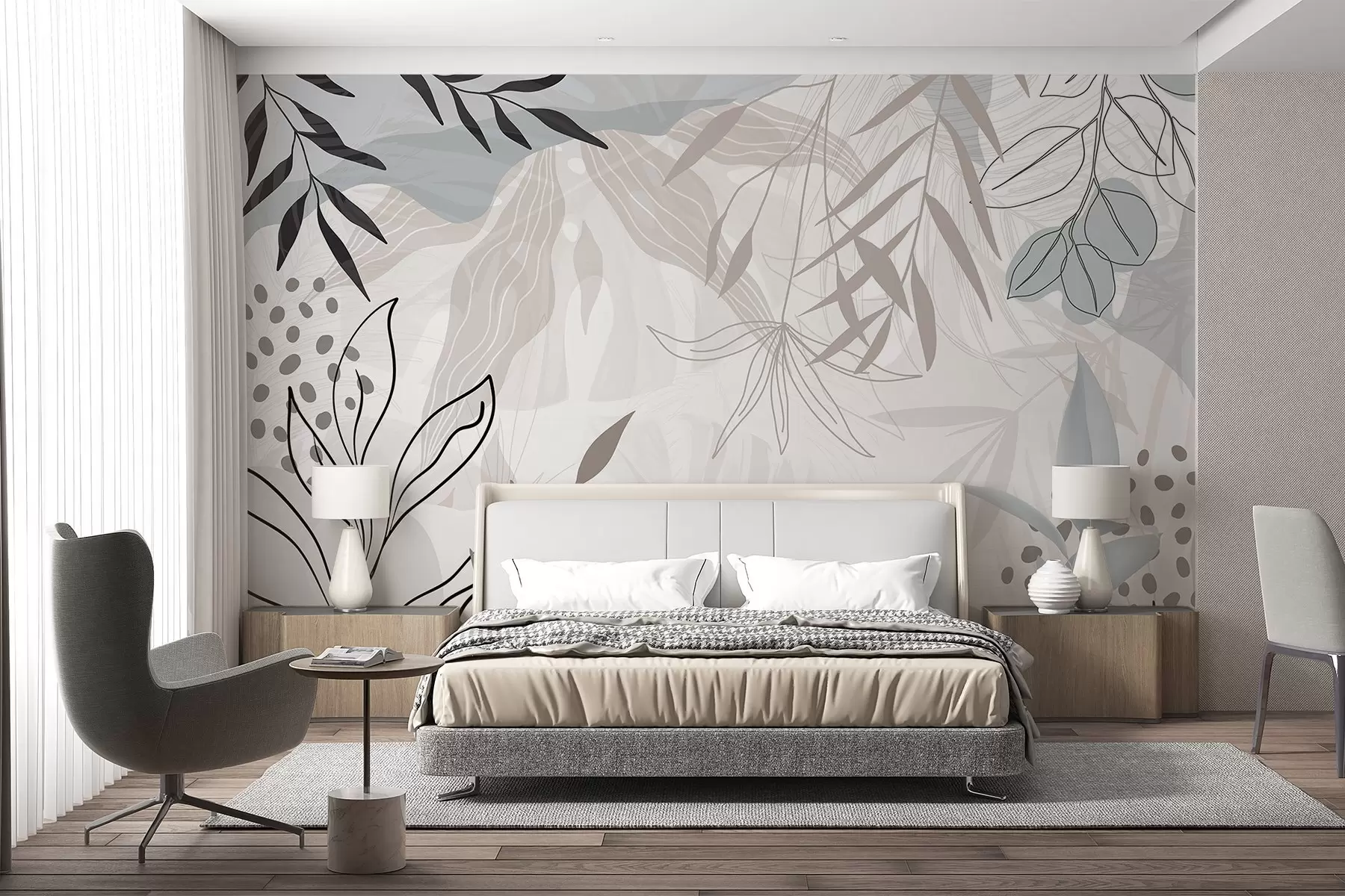 fototapet Design abstract floral modern cu frunze pastel bej, gri, albastru și negru, artă delicată de linii și fundal moale w09105
