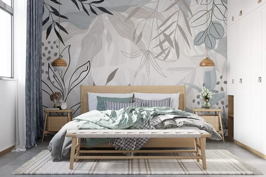 fototapet Design abstract floral modern cu frunze pastel bej, gri, albastru și negru, artă delicată de linii și fundal moale w09105