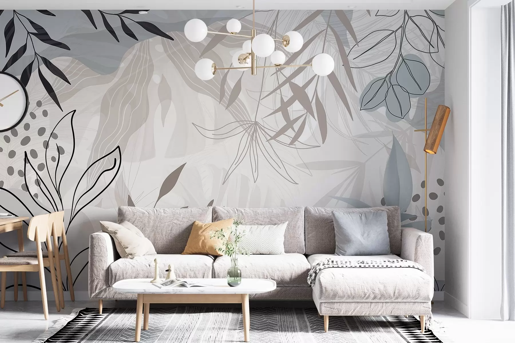 fototapet Design abstract floral modern cu frunze pastel bej, gri, albastru și negru, artă delicată de linii și fundal moale w09105