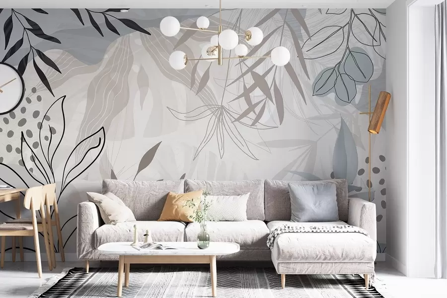 fototapet Design abstract floral modern cu frunze pastel bej, gri, albastru și negru, artă delicată de linii și fundal moale w09105
