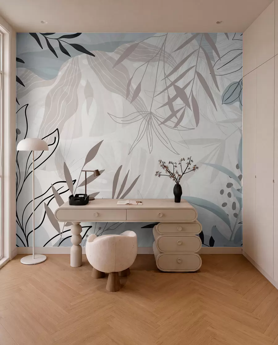 fototapet Design abstract floral modern cu frunze pastel bej, gri, albastru și negru, artă delicată de linii și fundal moale w09105