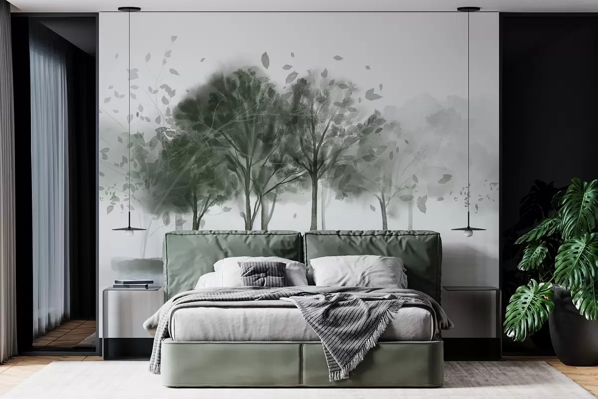 fototapet Peisaj abstract cu copaci cu frunze verzi care se reflectă în apă, în acuarelă stil texturat w09109