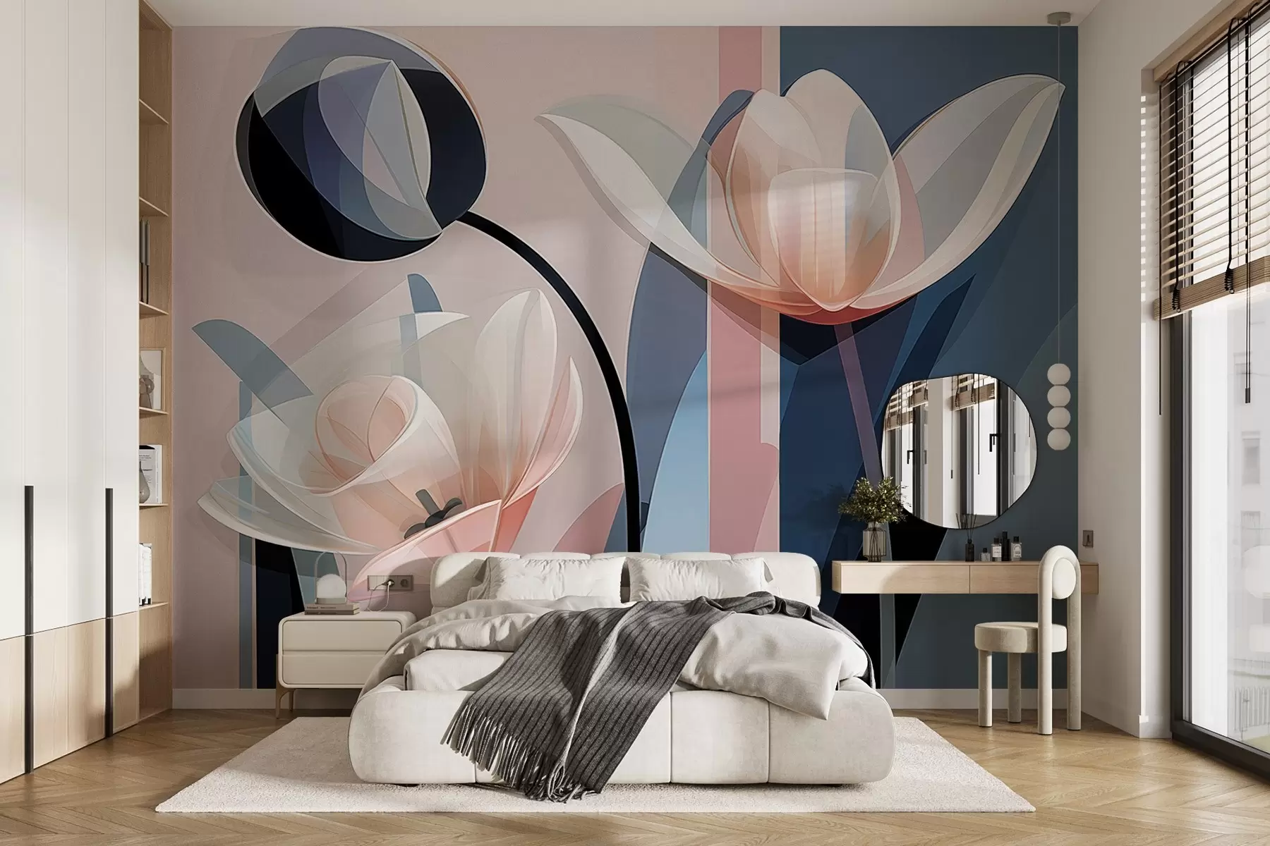 fototapet Design abstract modern cu lalele cu petale transparente în nuanțe pastelate de roz, alb și albastru închis w09116