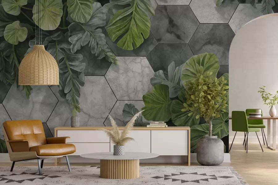 fototapet Frunze tropicale verzi și plante pe un fundal de gresie texturate gri și alb, luxuriante frunze de design modern w09117