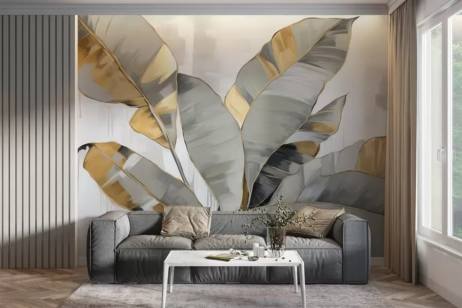 fototapet Banana tropicală frunze texturate cu tonuri gri și galben, stil modern, fundal neutru, pictură decorativă w09118