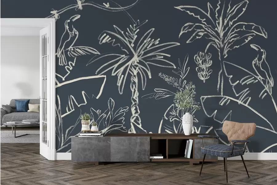 fototapet Model tropical pe fundal albastru închis, palmieri, banane w04020v4