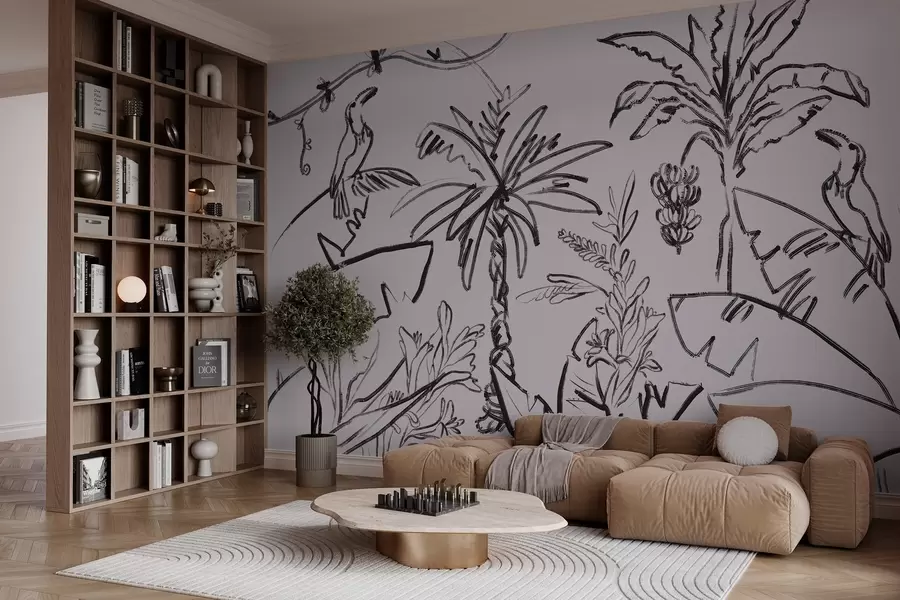 fototapet Model tropical în culoare neagră, palmieri, banane, grafică de contur w04020v7