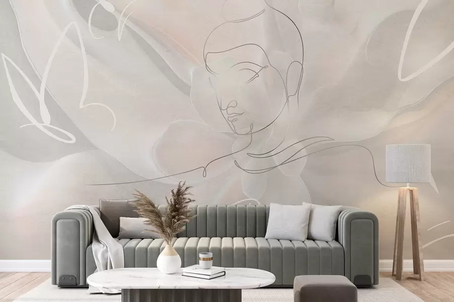 fototapet Abstracție florală cu desen de linie Buddha, culori bej w04004