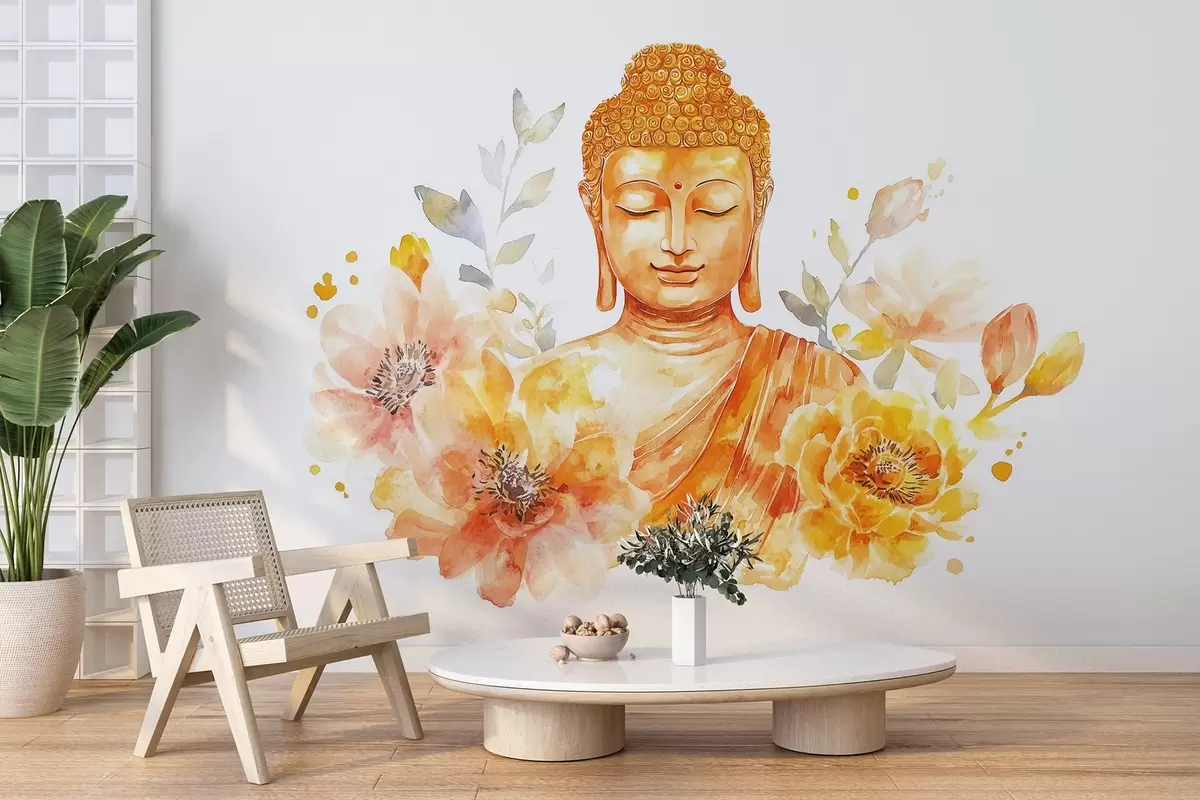 fototapet Acuarelă Buddha cu flori, spiritual, paletă de culori portocalii w04005