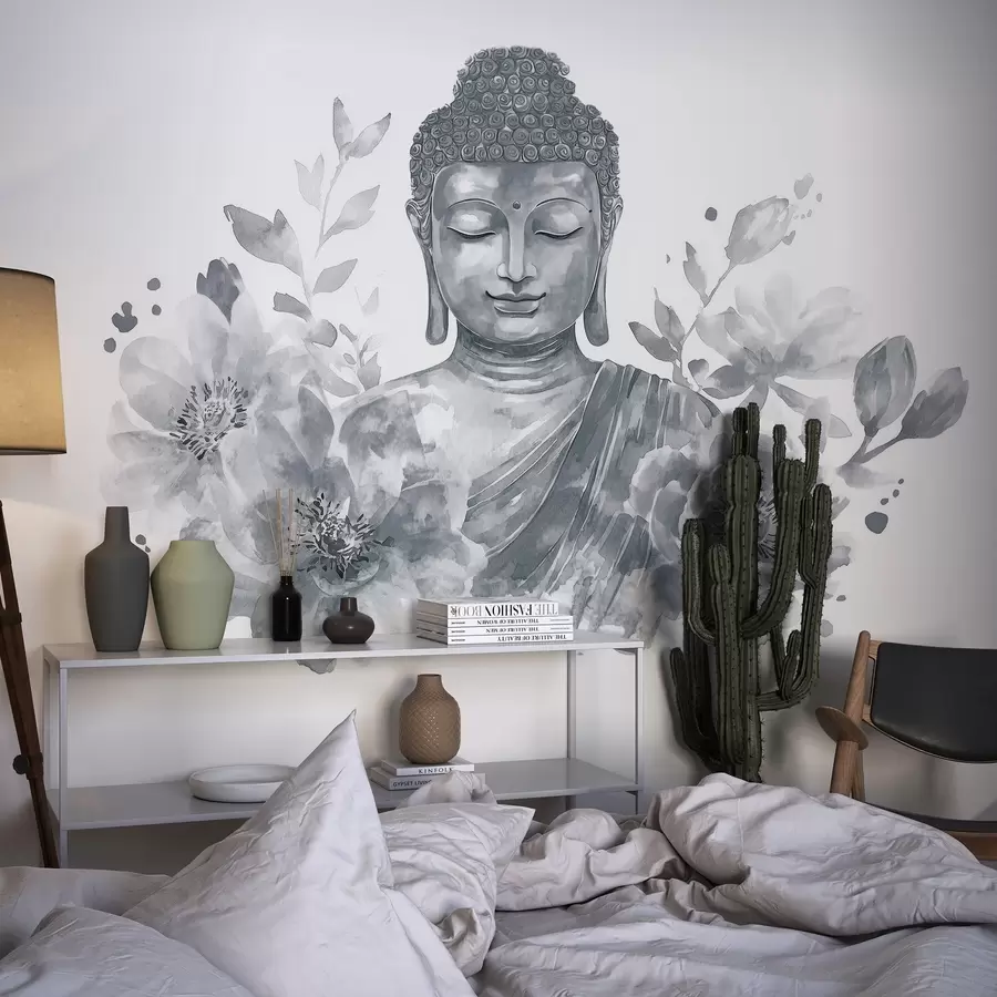 fototapet Acuarelă Buddha cu flori, spiritual, paletă de culori gri  w04005v1
