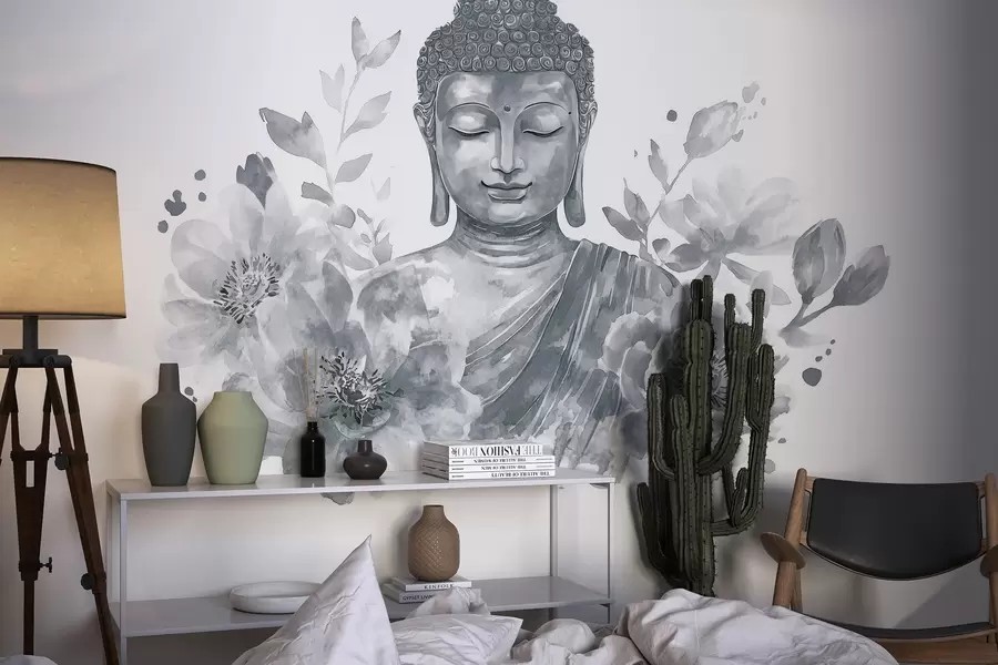 fototapet Acuarelă Buddha cu flori, spiritual, paletă de culori gri  w04005v1