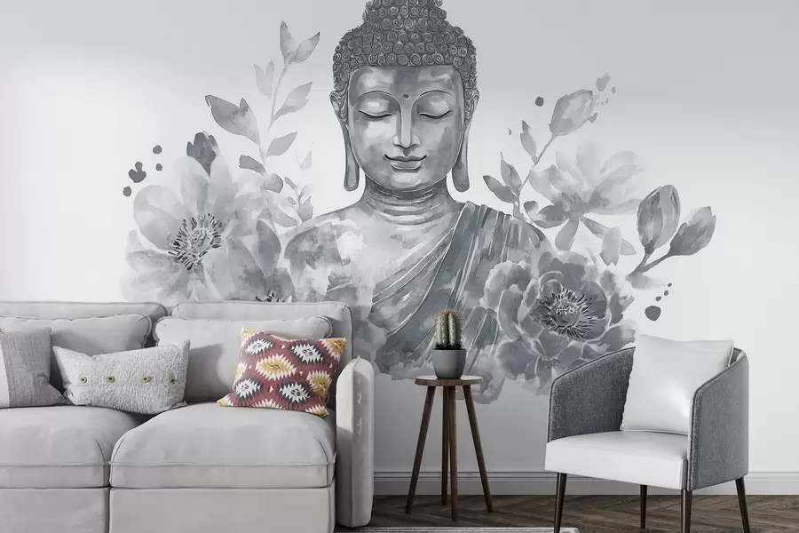 fototapet Acuarelă Buddha cu flori, spiritual, paletă de culori gri  w04005v1