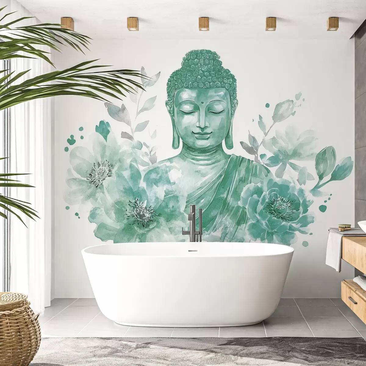fototapet Acuarelă Buddha cu flori, spiritual, paletă de culori verzi w04005v3
