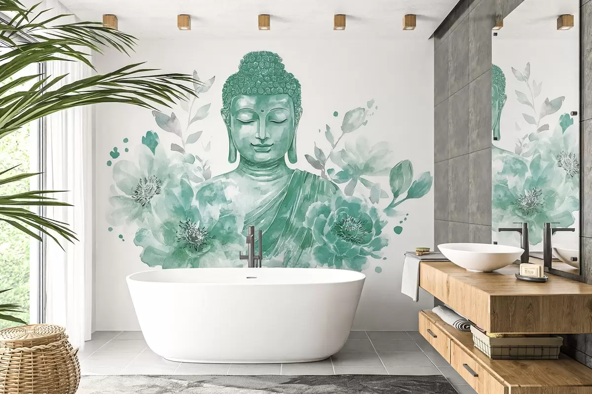 fototapet Acuarelă Buddha cu flori, spiritual, paletă de culori verzi w04005v3
