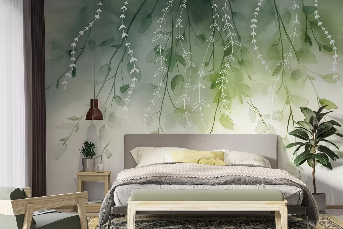 fototapet Ramuri cu frunze în stil acuarelă, culori verzi naturale w04007
