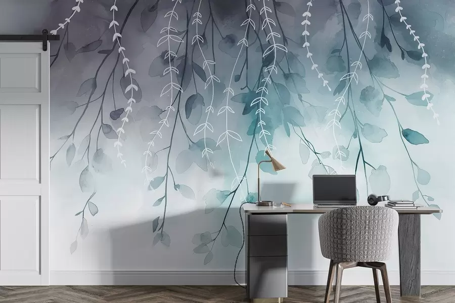 fototapet Ramuri cu frunze în stil acuarelă, culori acvamarin naturale w04007v3