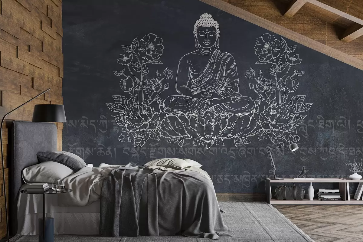 fototapet Buddha meditând cu flori de lotus, line art, oriental, fundal întunecat w04008
