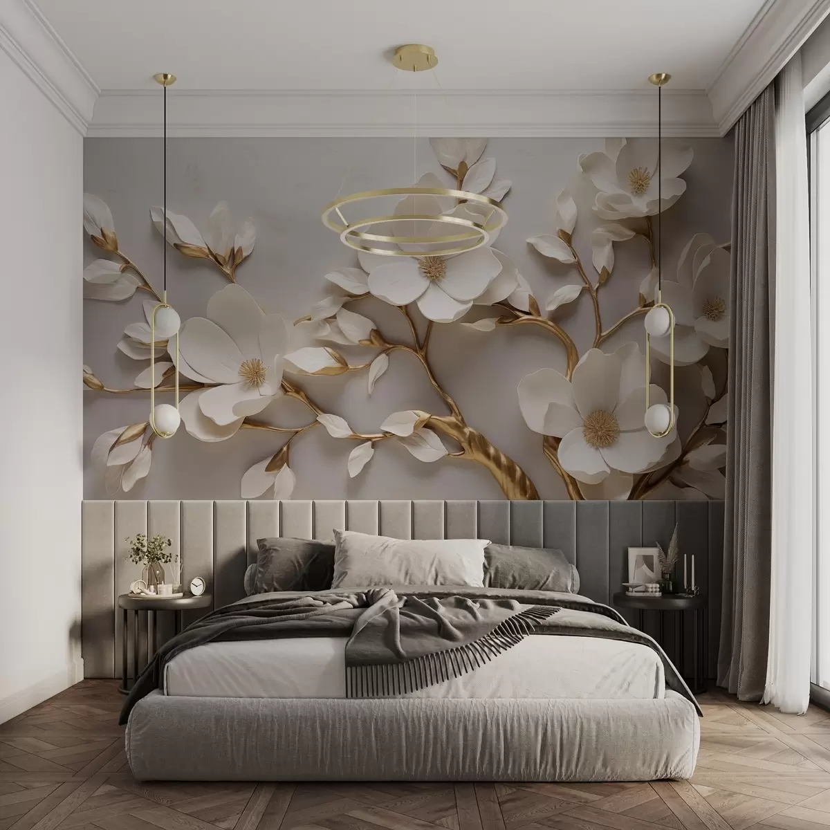 fototapet Florile elegante în relief cu tulpini în tonuri moi formează o scenă liniștită, armonioasă w04039