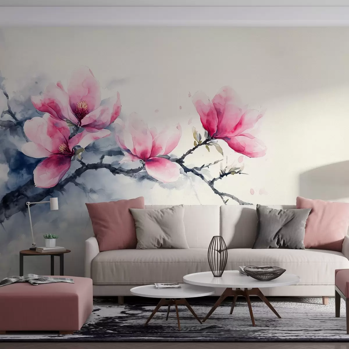 fototapet ramură înflorită de magnolie roz pe un fundal fildeș w04027