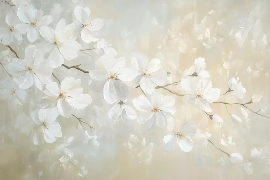 fototapet ramură delicată de caise în floare în stilul picturii în ulei în culori pastelate w04029