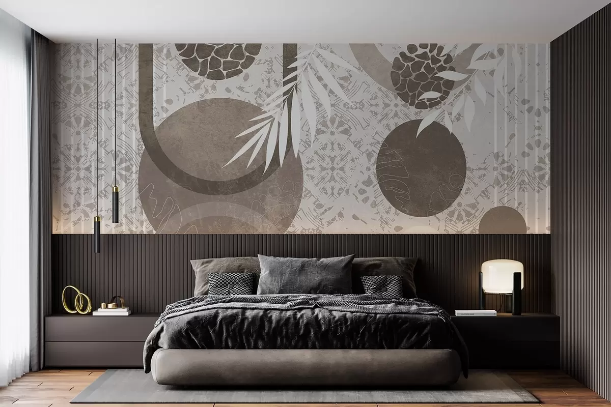 fototapet Forme geometrice abstracte texturale în maro și alb, cercuri, arcuri și elemente botanice, design modern și minimalist w09130