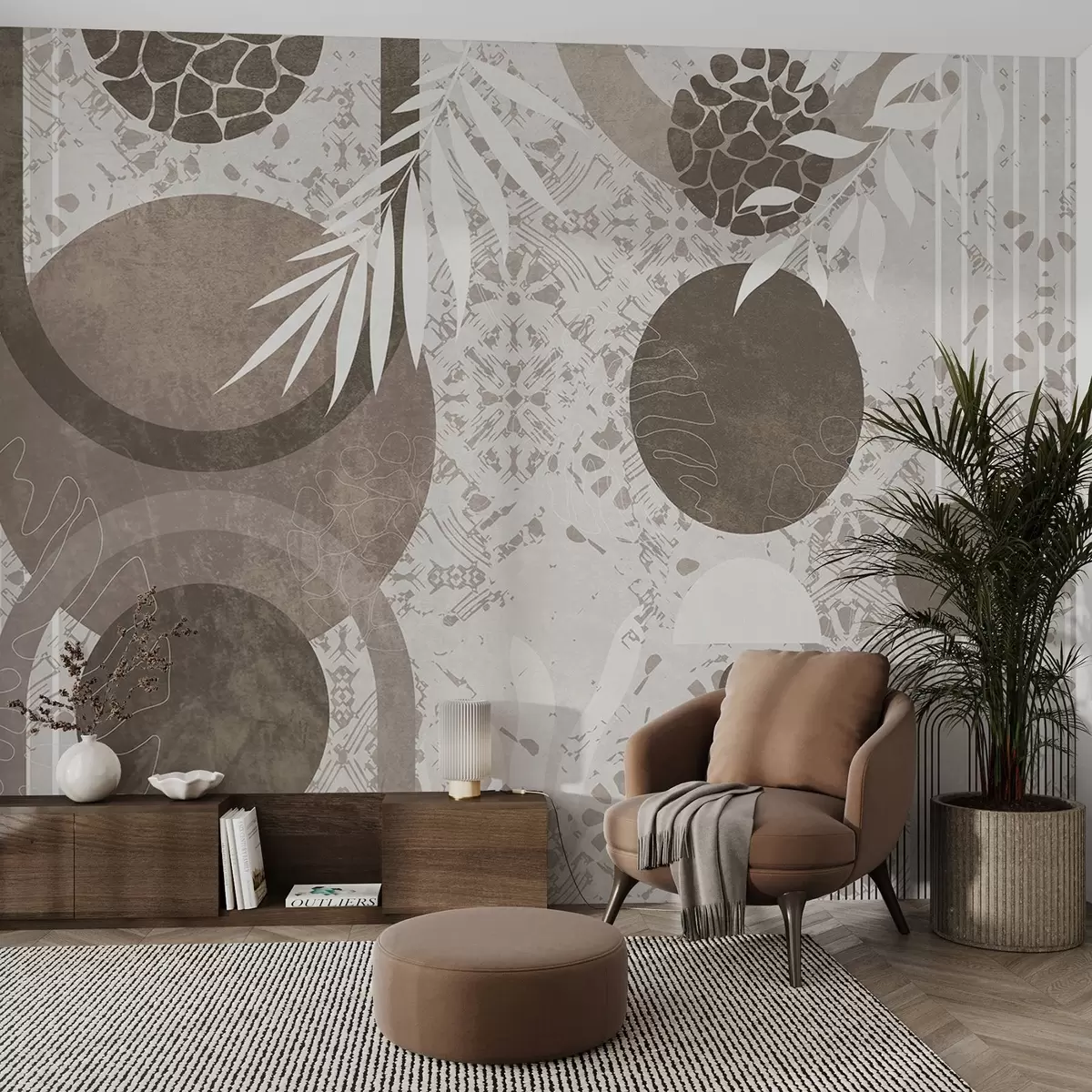 fototapet Forme geometrice abstracte texturale în maro și alb, cercuri, arcuri și elemente botanice, design modern și minimalist w09130