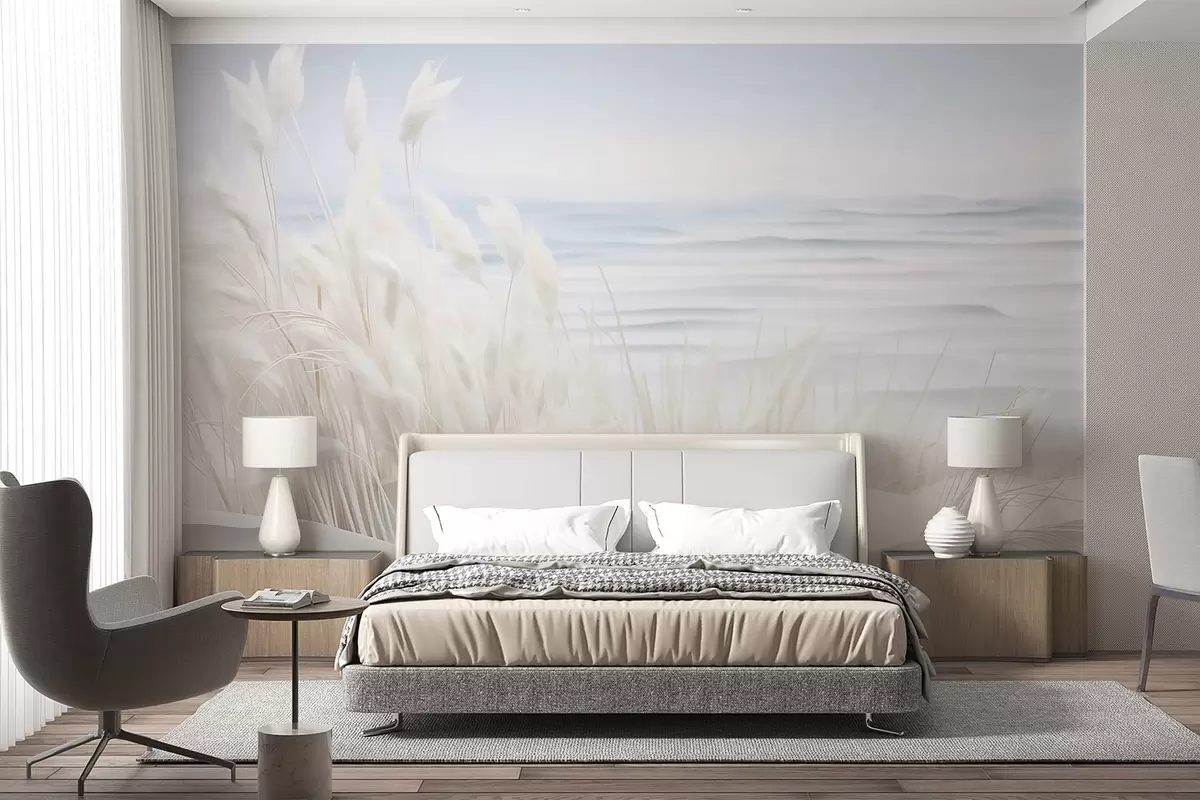 fototapet Peisaj cu iarbă albă de pampas pe o dună de nisip, cu un ocean albastru deschis în fundal, moale, stil minimalist w09132