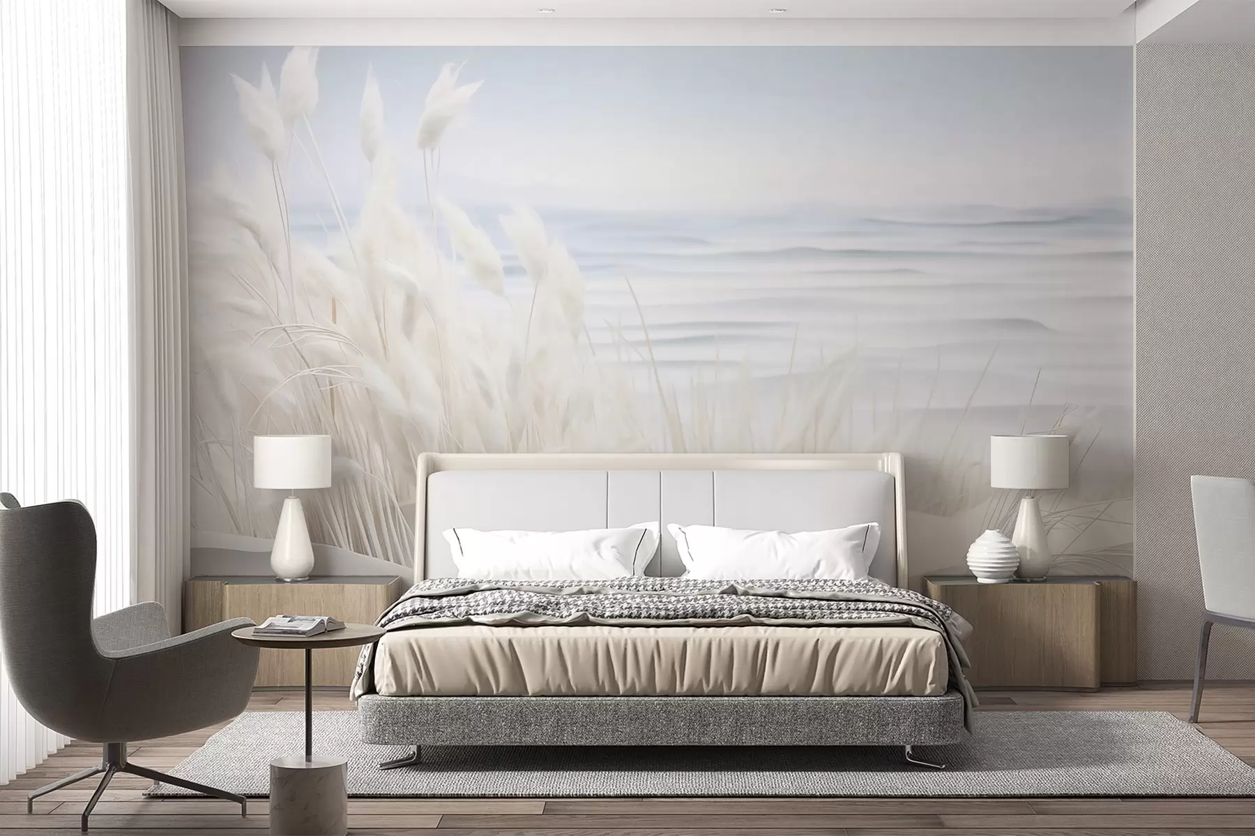 fototapet Peisaj cu iarbă albă de pampas pe o dună de nisip, cu un ocean albastru deschis în fundal, moale, stil minimalist w09132