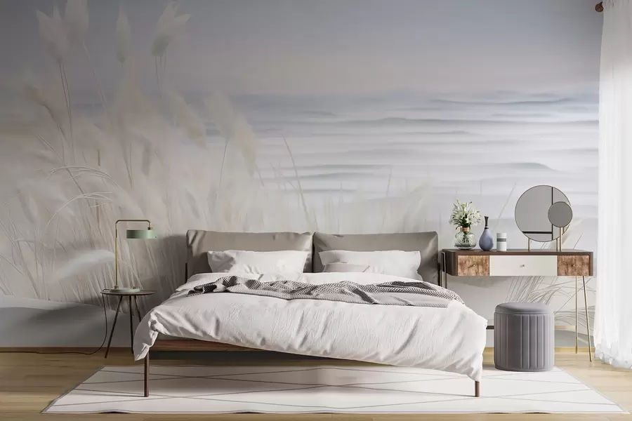 fototapet Peisaj cu iarbă albă de pampas pe o dună de nisip, cu un ocean albastru deschis în fundal, moale, stil minimalist w09132