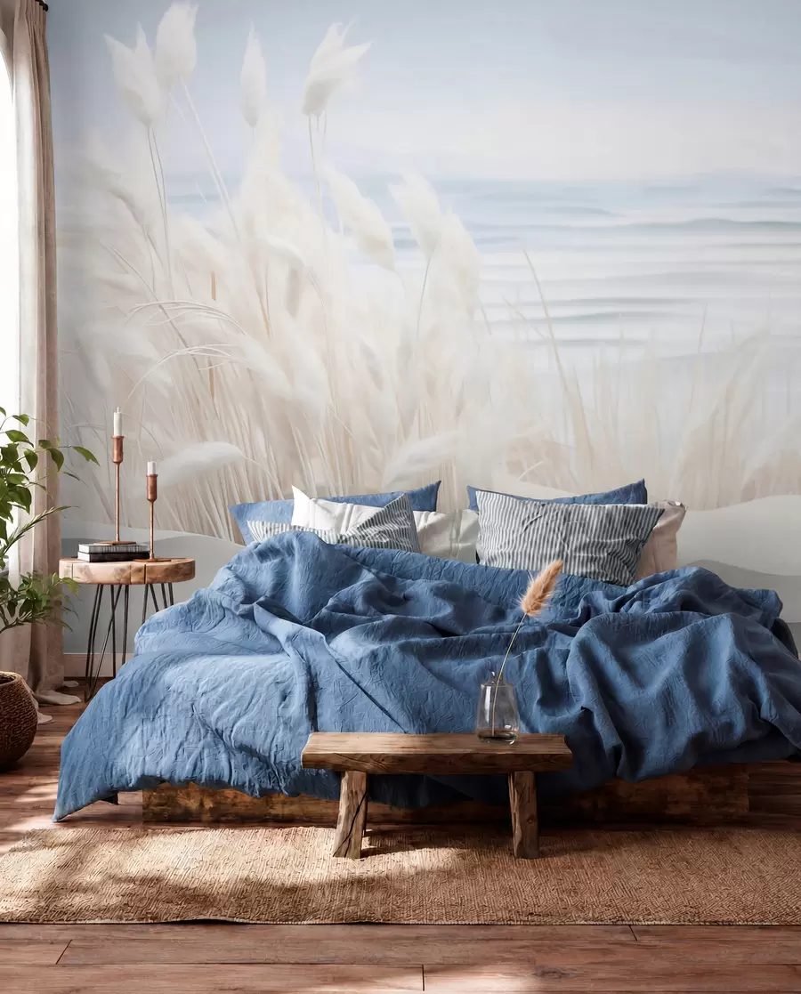fototapet Peisaj cu iarbă albă de pampas pe o dună de nisip, cu un ocean albastru deschis în fundal, moale, stil minimalist w09132