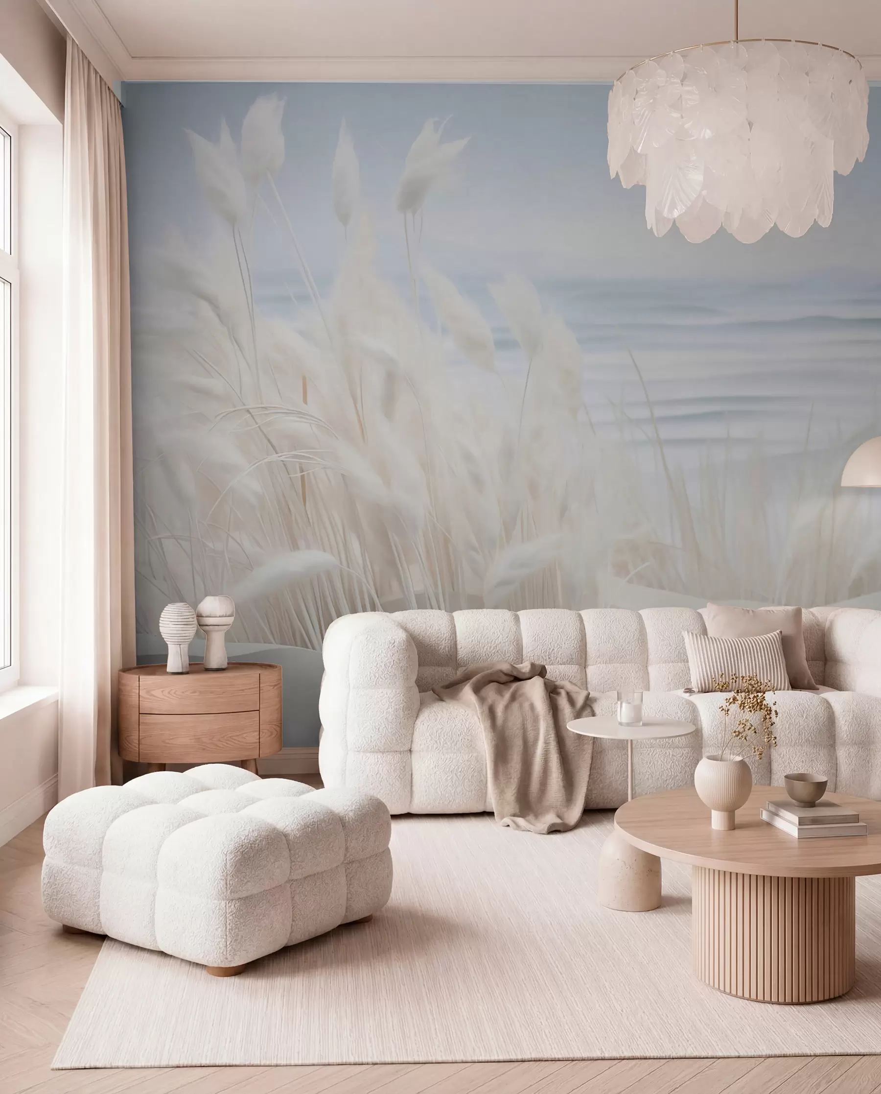 fototapet Peisaj cu iarbă albă de pampas pe o dună de nisip, cu un ocean albastru deschis în fundal, moale, stil minimalist w09132