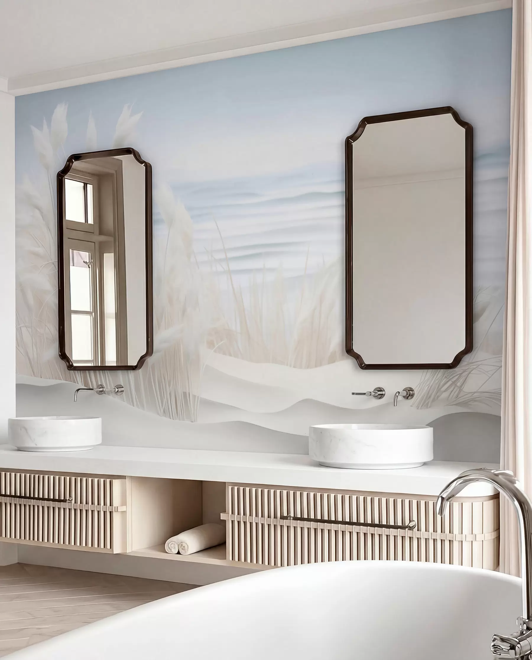 fototapet Peisaj cu iarbă albă de pampas pe o dună de nisip, cu un ocean albastru deschis în fundal, moale, stil minimalist w09132