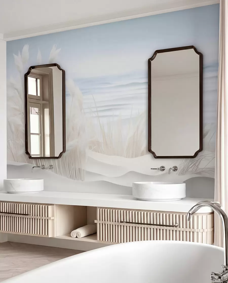 fototapet Peisaj cu iarbă albă de pampas pe o dună de nisip, cu un ocean albastru deschis în fundal, moale, stil minimalist w09132