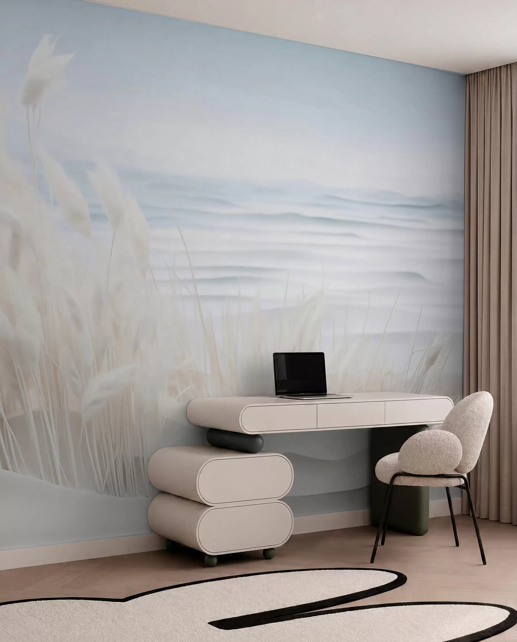 fototapet Peisaj cu iarbă albă de pampas pe o dună de nisip, cu un ocean albastru deschis în fundal, moale, stil minimalist w09132