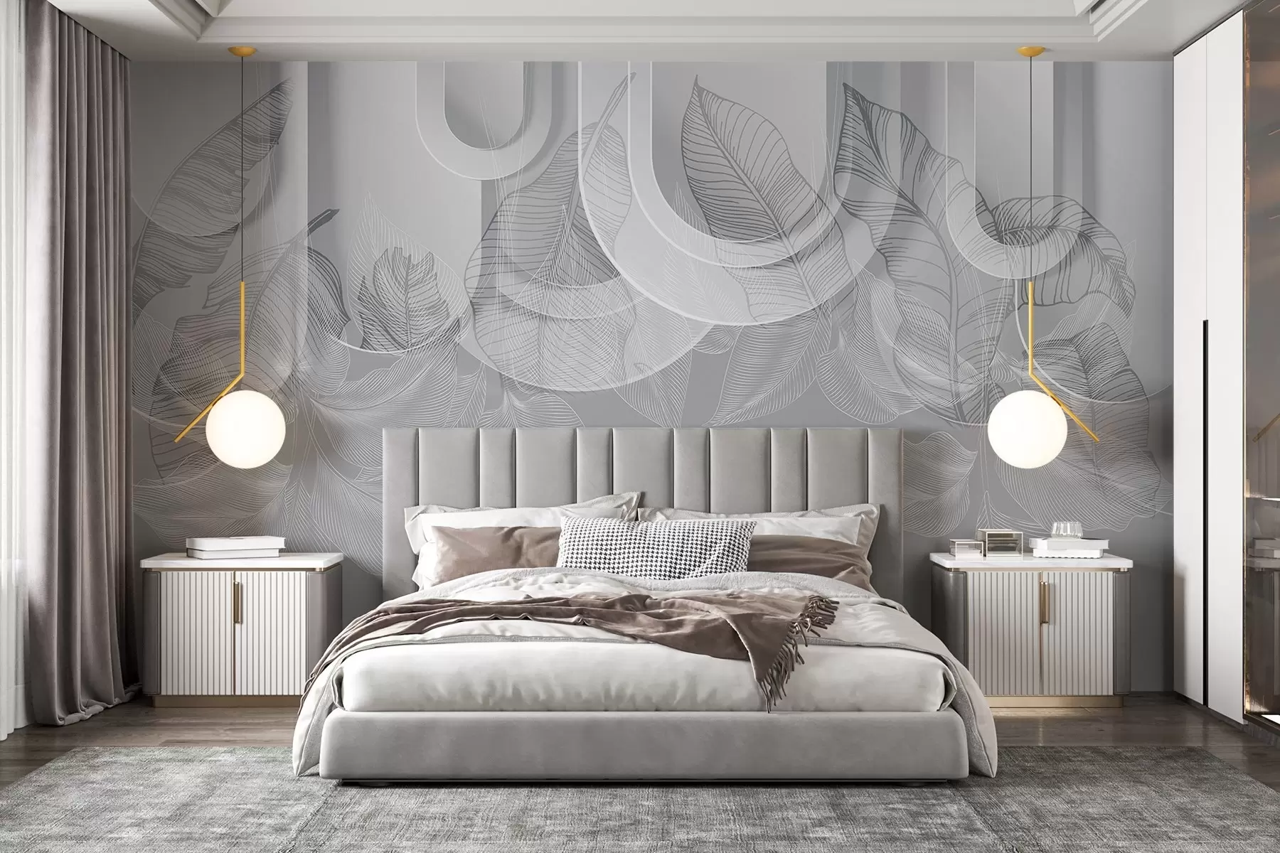 fototapet Fundal abstract cu arcuri gri și frunze tropicale albe, design minimalist, elegant și modern, paletă de culori neutre w09138
