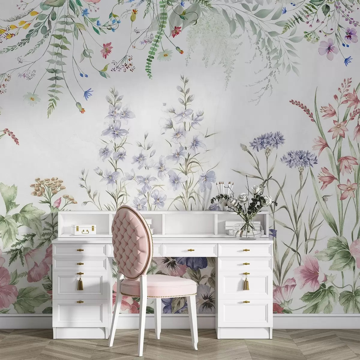 fototapet Aranjament floral textural cu flori colorate și frunze verzi, ilustrație botanică, culori pastelate moi, stil vintage w09143