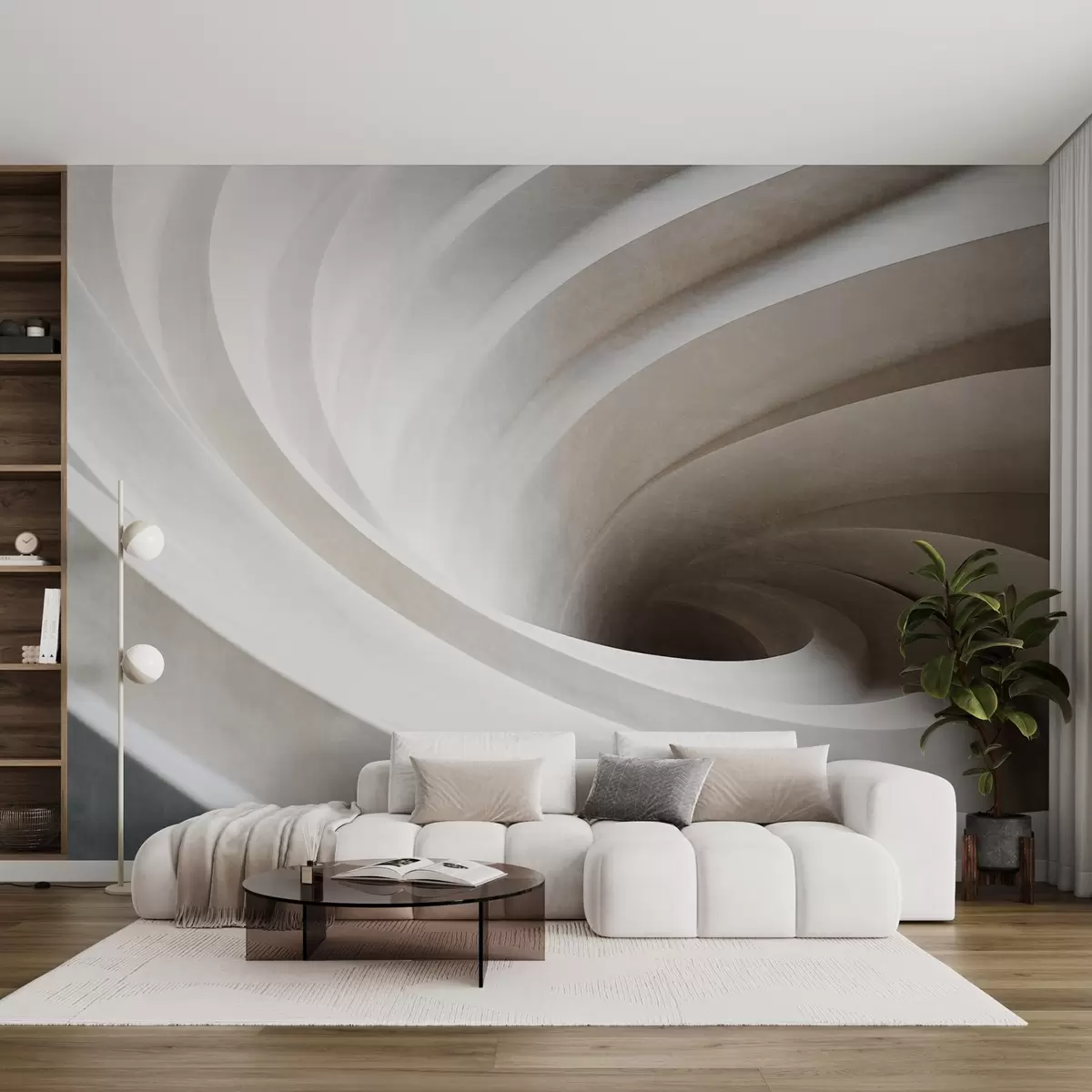 fototapet Vârtej abstract texturat de straturi albe și bej, creând un efect vortex, compoziție dinamică, design minimalist modern w09144