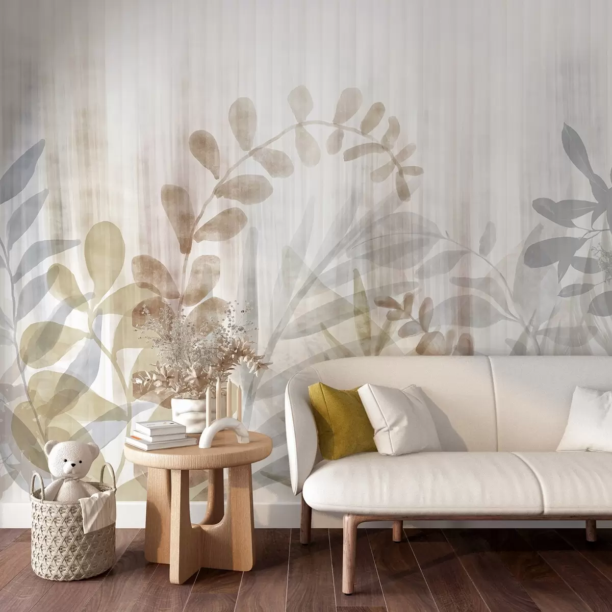 fototapet Pictura acuarelă imitație de plante cu frunze multicolore mute, fundal deschis cu linii verticale, ilustrare botanică w09146