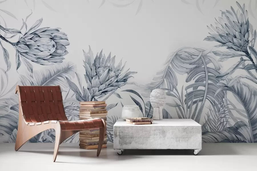 fototapet Protea printre frunze tropicale, nuanțe de verde w03952v2