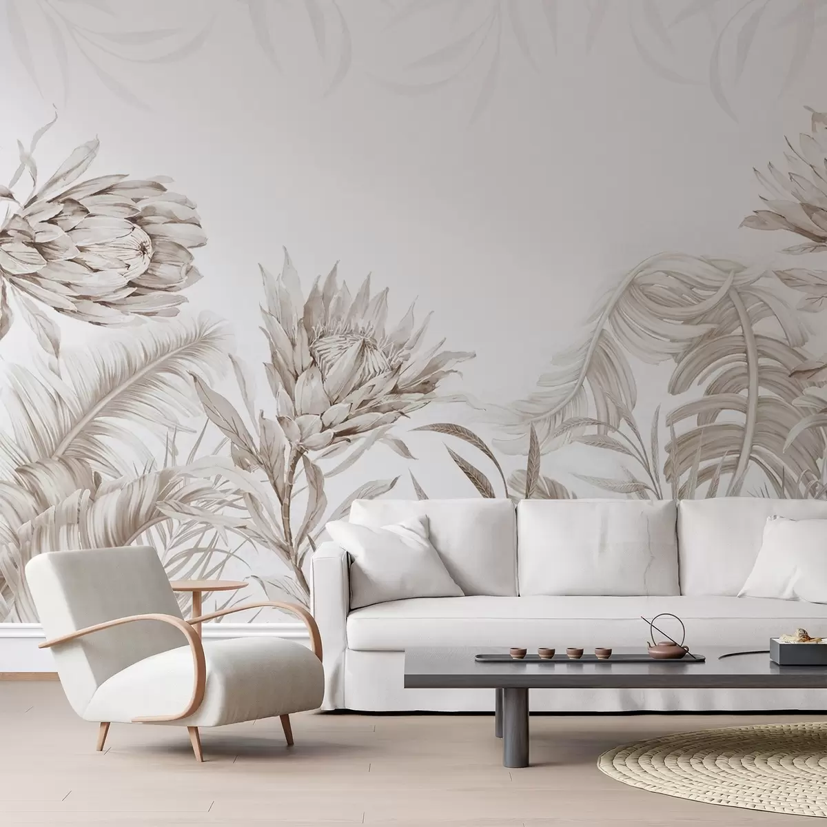 fototapet Protea printre frunze tropicale, nuanțe de bej w03952