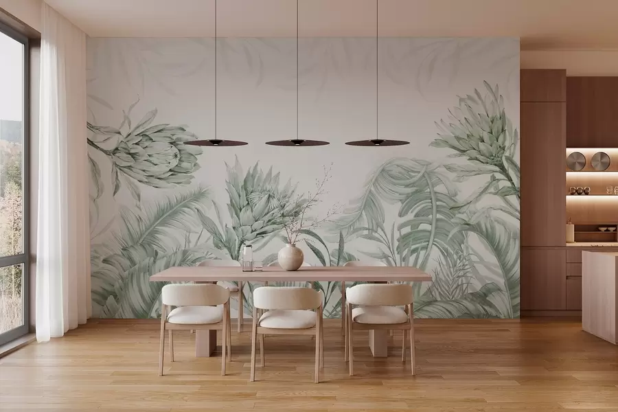 fototapet Protea printre frunze tropicale, nuanțe de albastru w03952v3
