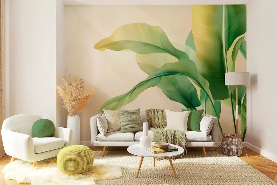 fototapet frunze tropicale verzi mari pe margine w03959