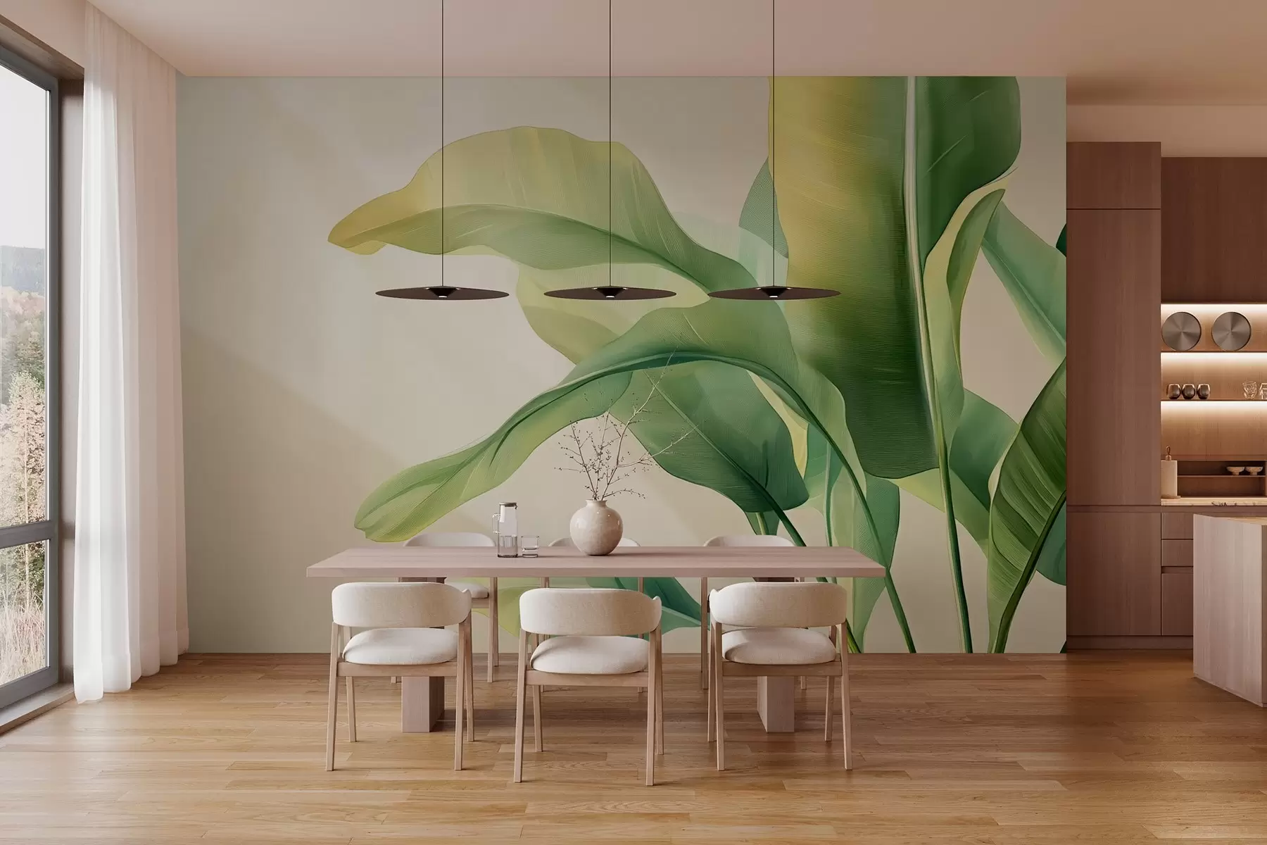 fototapet frunze tropicale verzi mari pe margine w03959