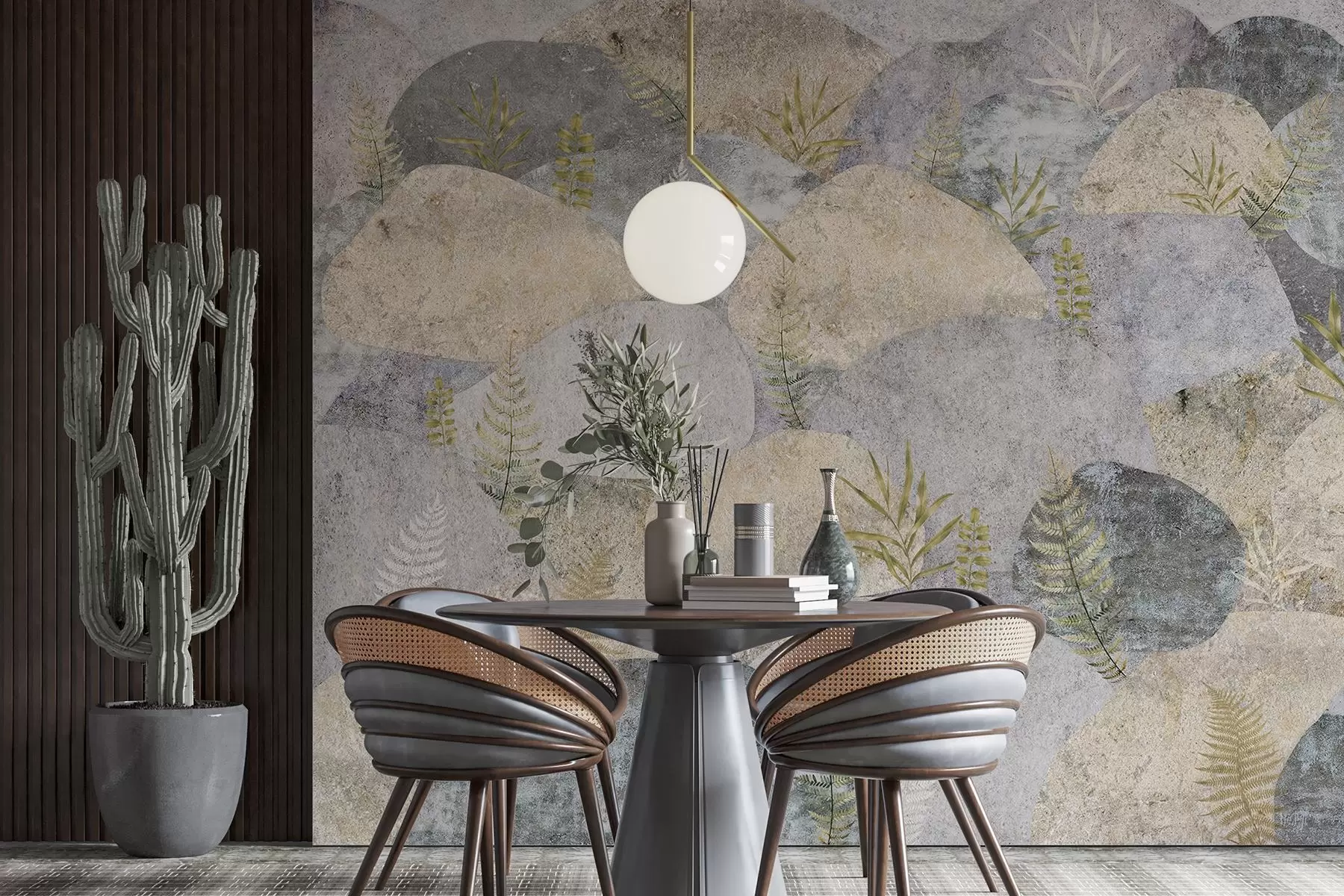 fototapet Pietre cu plante, ferigă, nordic, stil rustic, culori gri și nisip w04064