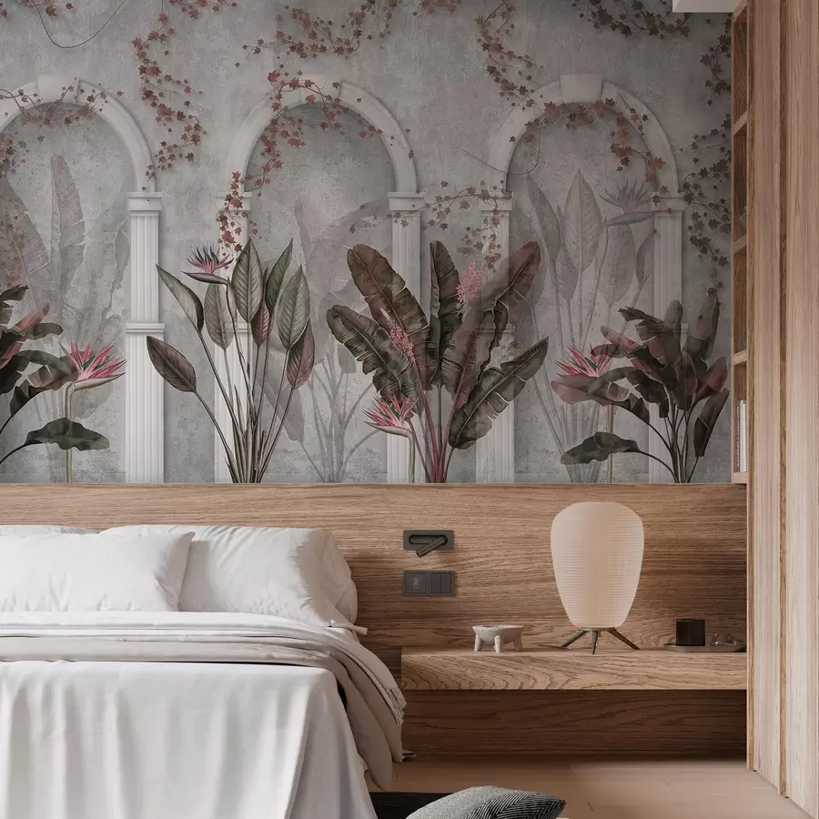 fototapet Perete din beton cu arcuri și plante tropicale, florale, culori burgundy w04065v1