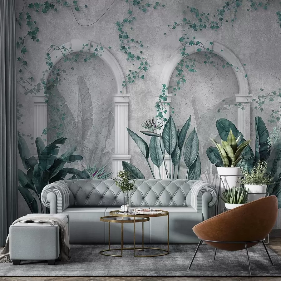 fototapet Perete din beton cu arcuri și plante tropicale, florale, culori albastre w04065v2