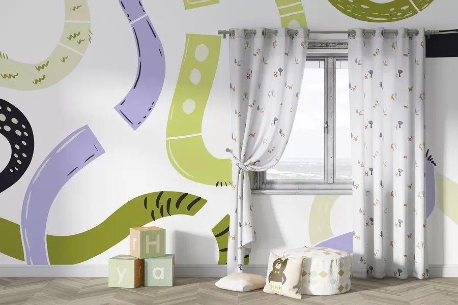 fototapet Desene abstracte, juvenile, mâzgăleli, verde, violet w04066v1